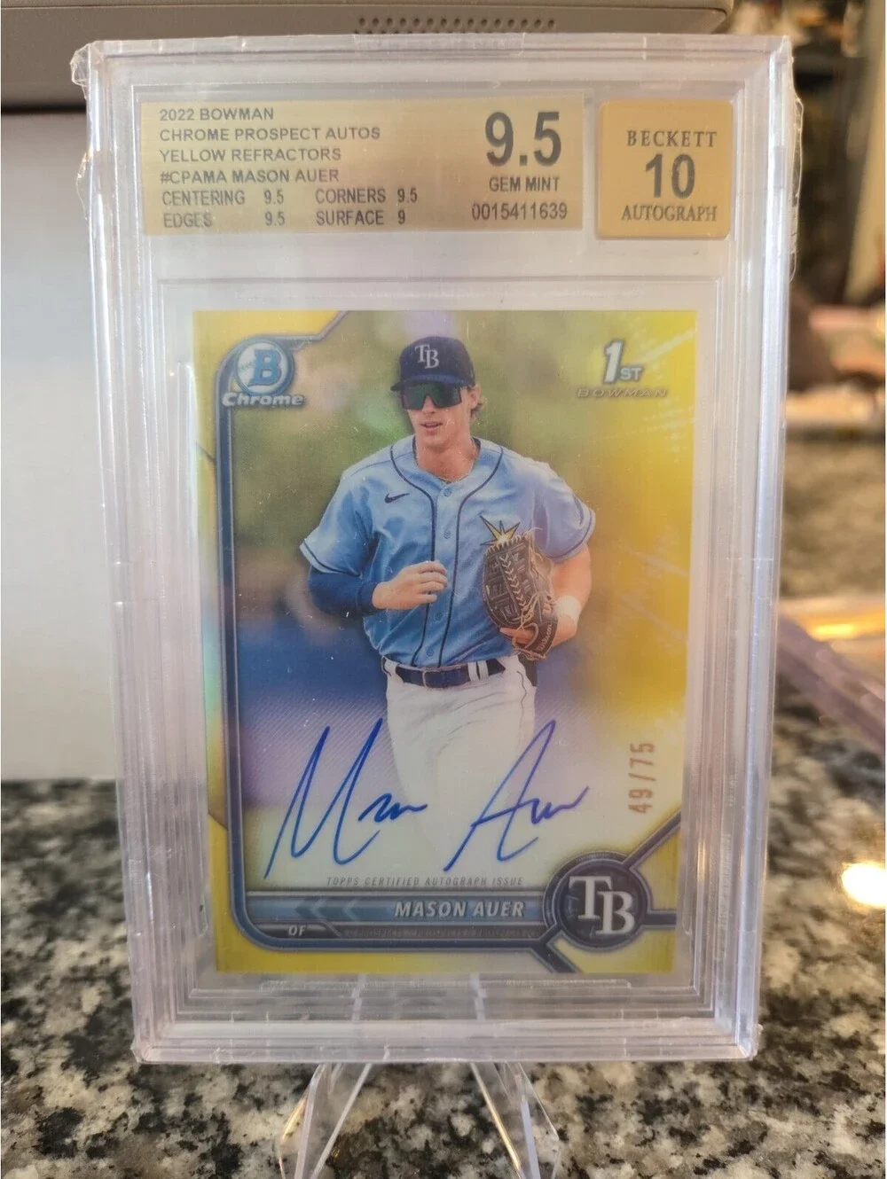 MASON AUER 2022 Bowman Chrome Yellow Refractor 49/75 BGS 9.5/10 Tampa Bay